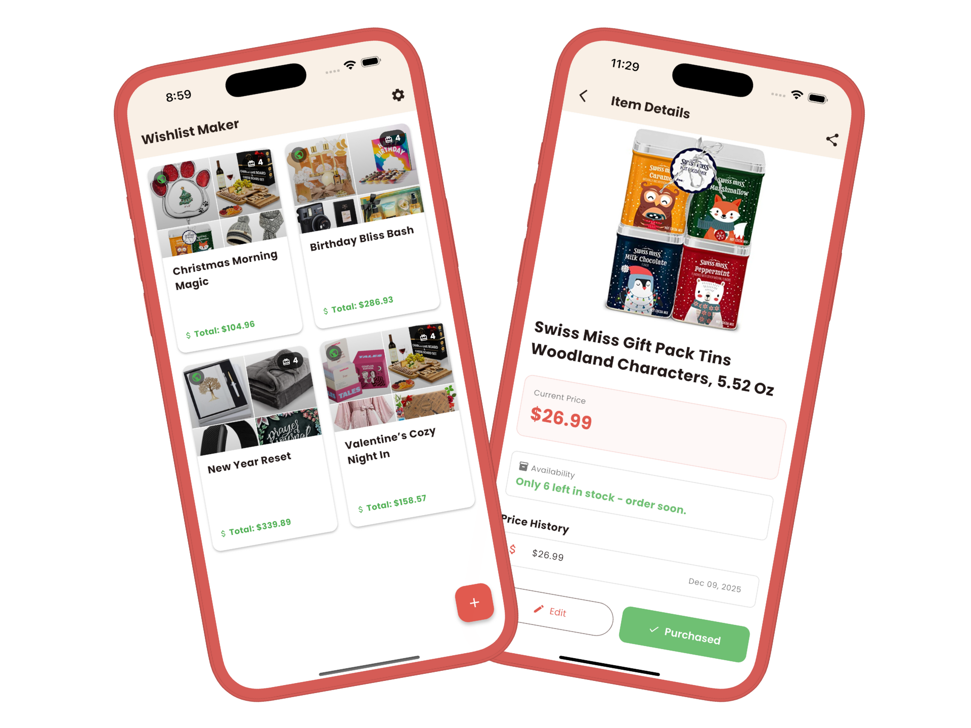 WishlistMaker app interface showing wishlist creation and sharing features